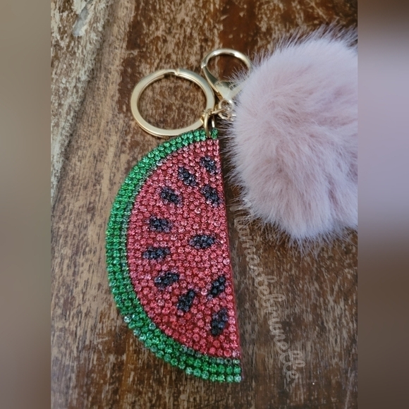 Rhinestone Watermelon Pom Pom Keychain Bag Charm - Picture 13 of 17